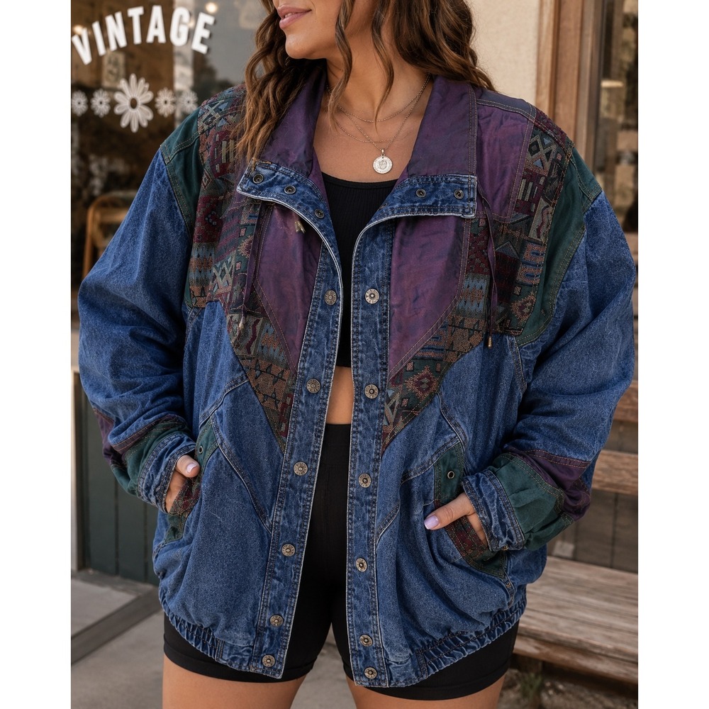 Current Seen Vintage 90s Denim Southwestern Tapestry Jacket Womens 2X